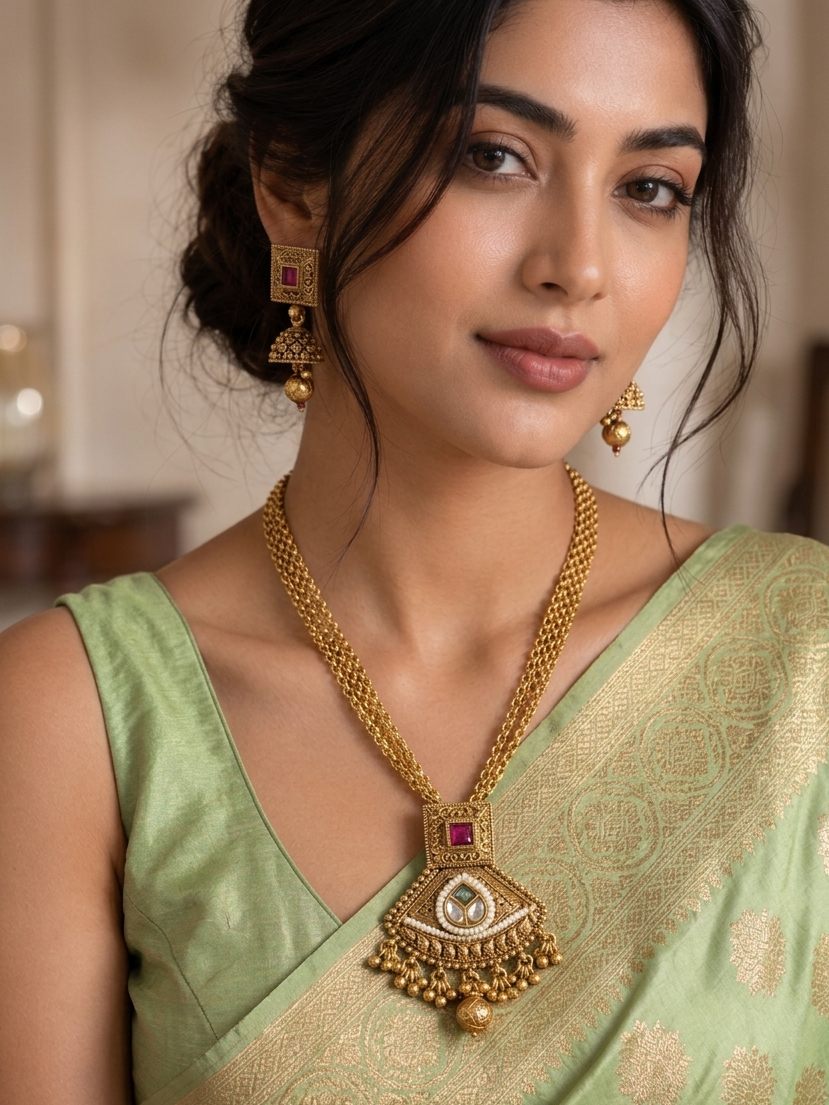 Traditional Antique Gold Kundan Shield Necklace Set