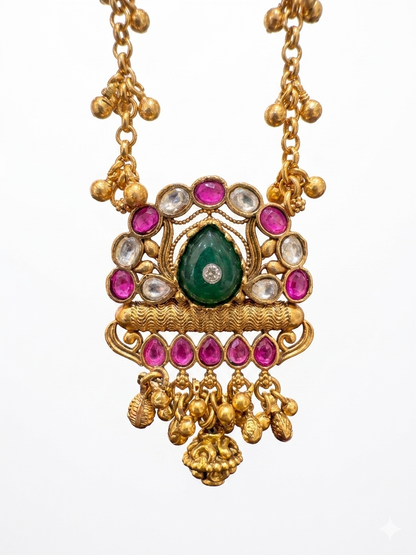 Antique Gold Long Necklace Set with Emerald and Ruby Pendant