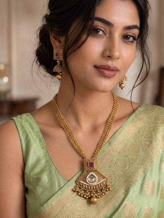 Traditional Antique Gold Kundan Shield Necklace Set