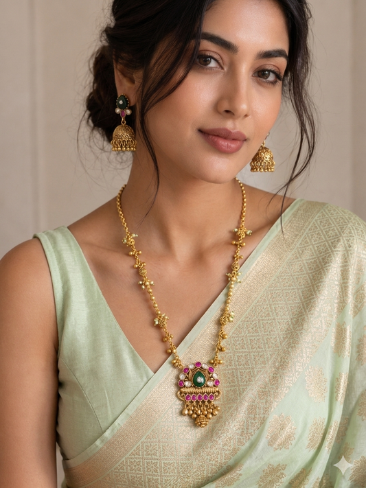 Antique Gold Long Necklace Set with Emerald and Ruby Pendant