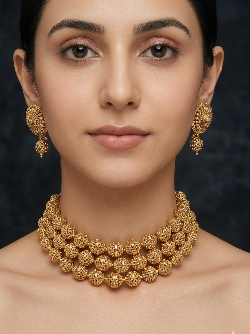 Three-layered filigree gold choker set