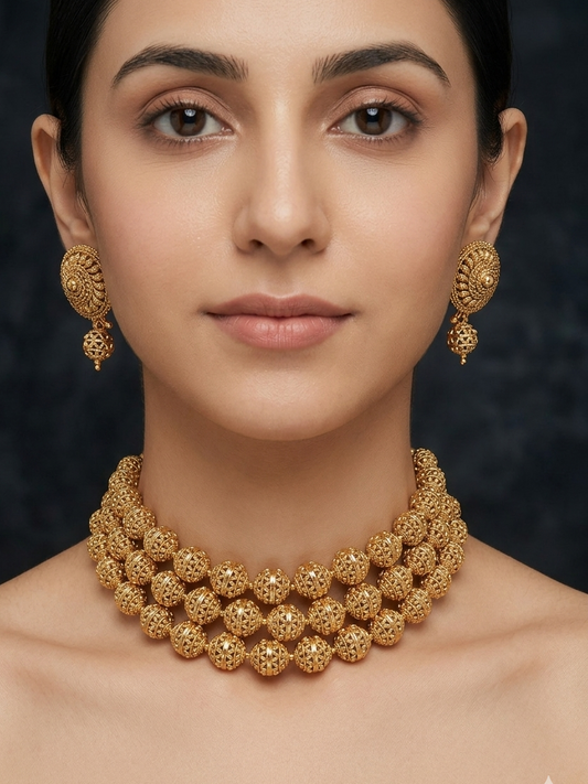 Three-layered filigree gold choker set